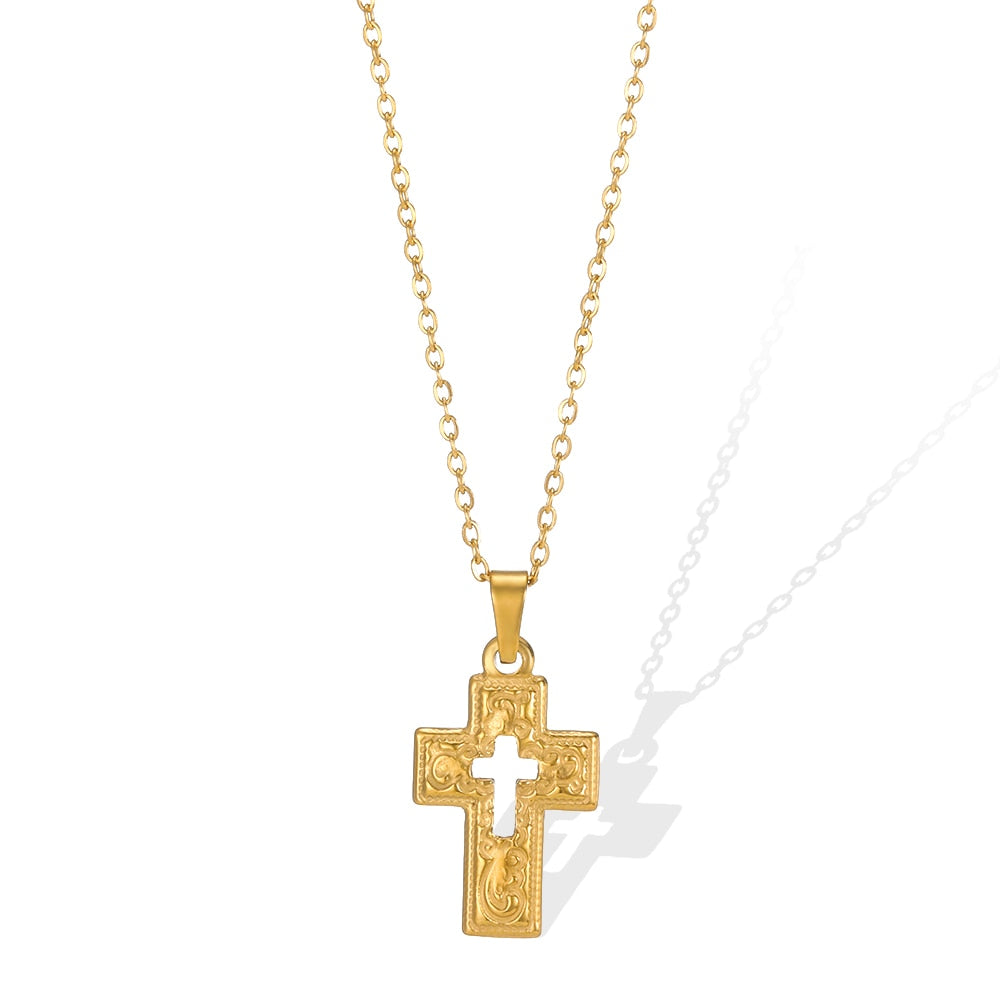 VIntage Christian Jesus Cross Necklaces Pendant For Women Stainless Steel Round Shape Coin Necklaces Choker Prayer Baptism Gifts